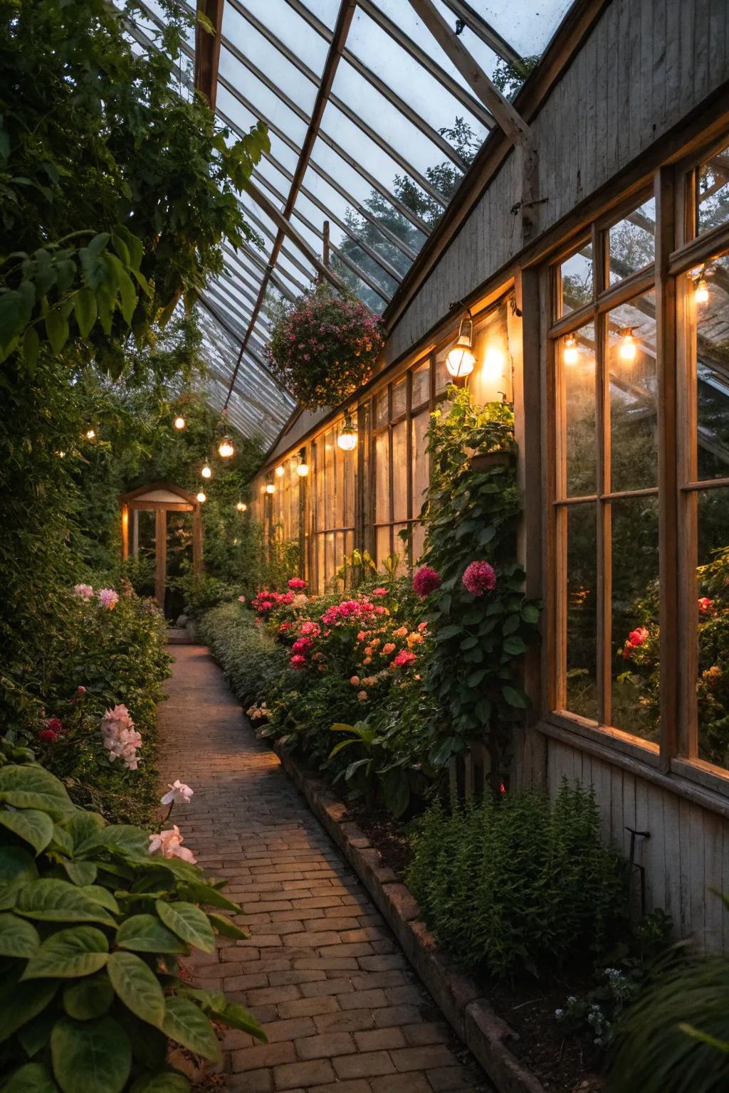 Soft lighting adds a magical touch to a greenhouse setting.