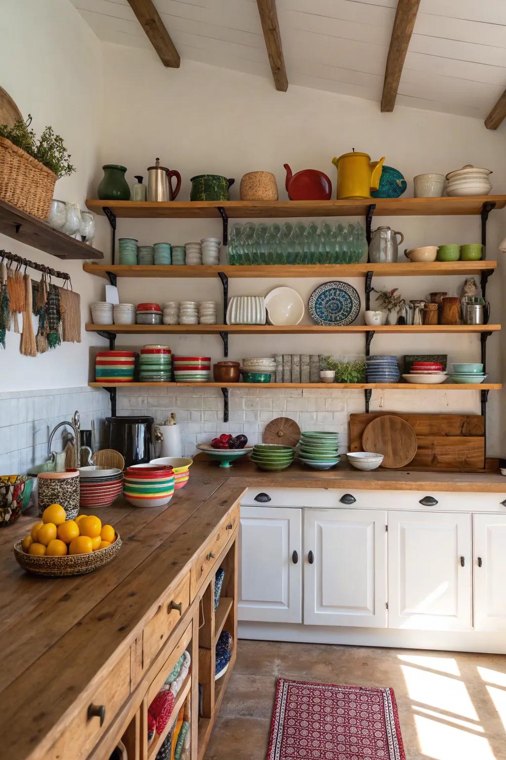 A kitchen that combines style with functionality thanks to open shelving.