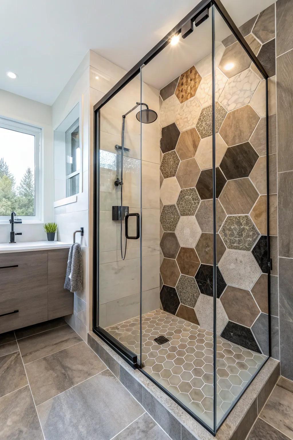 A shower featuring innovative hexagonal stones for a fresh, stylish design.