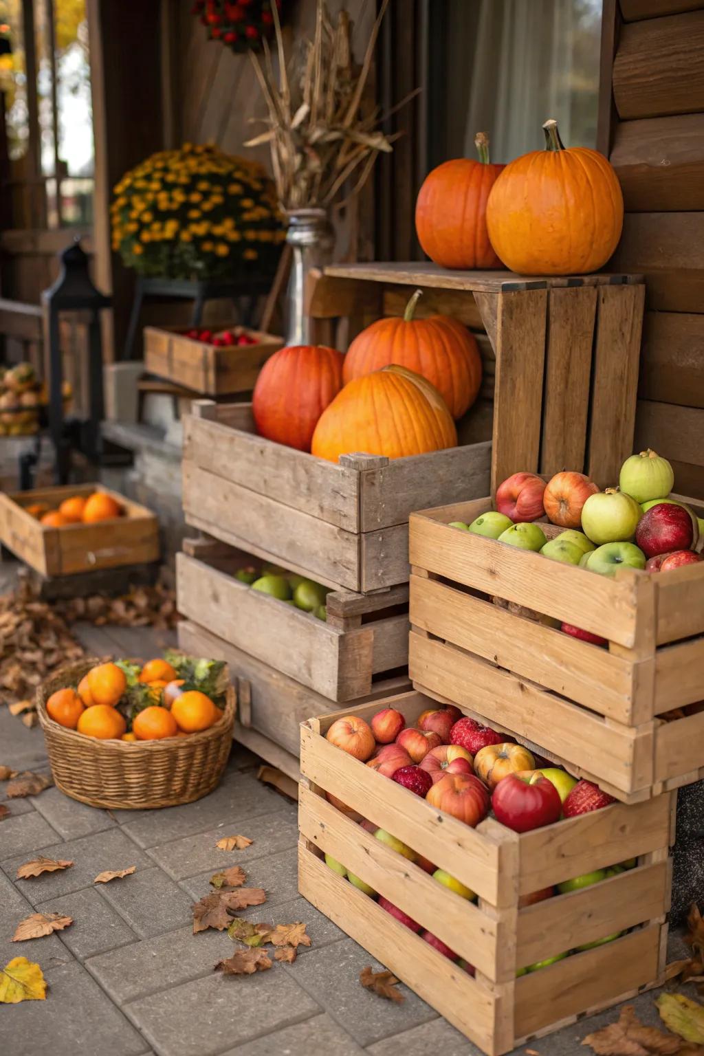 Wood-like crates filled with round guards and pippins create a countryside display.
