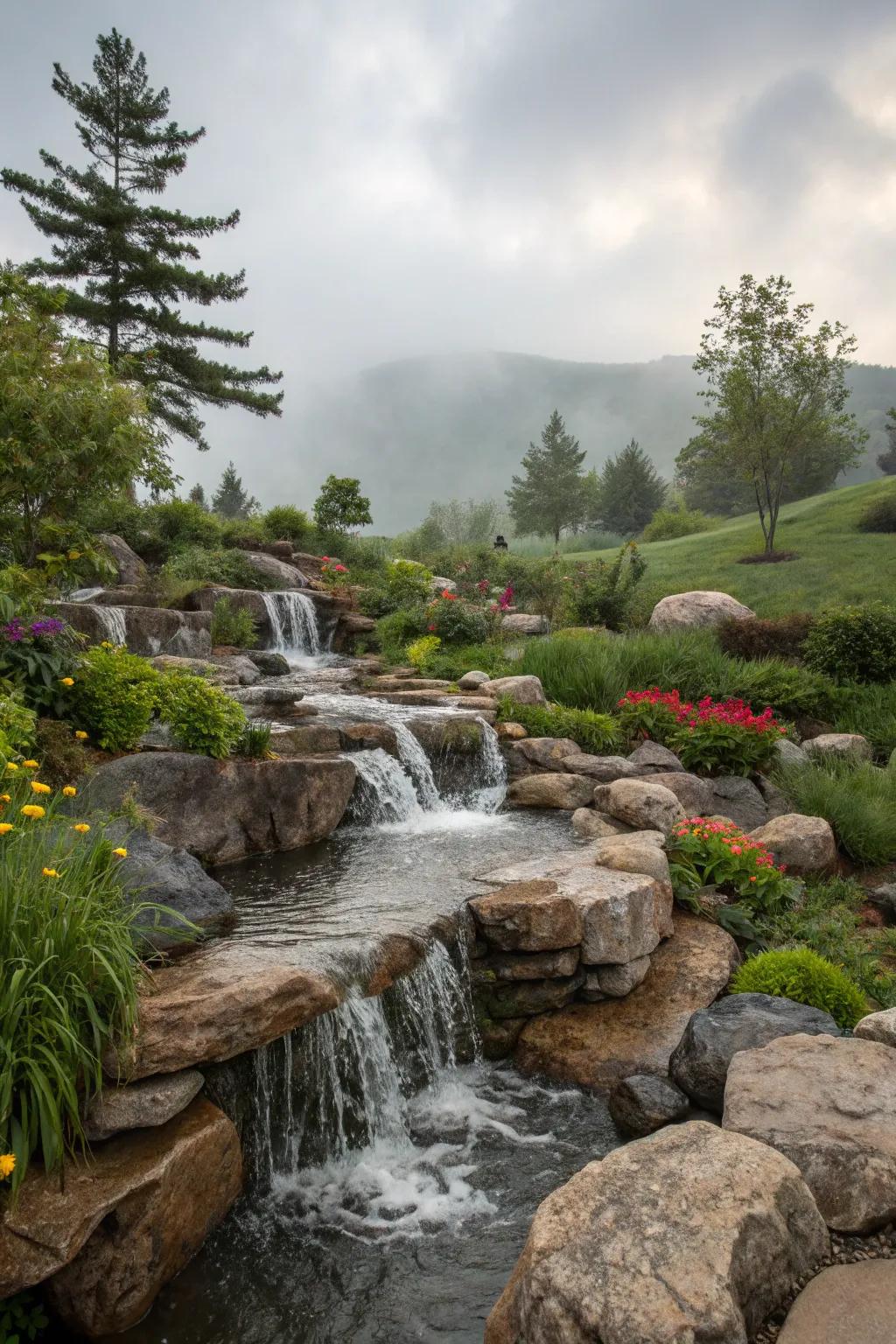 Cascading water channels appending vigorous beauty to a garden.