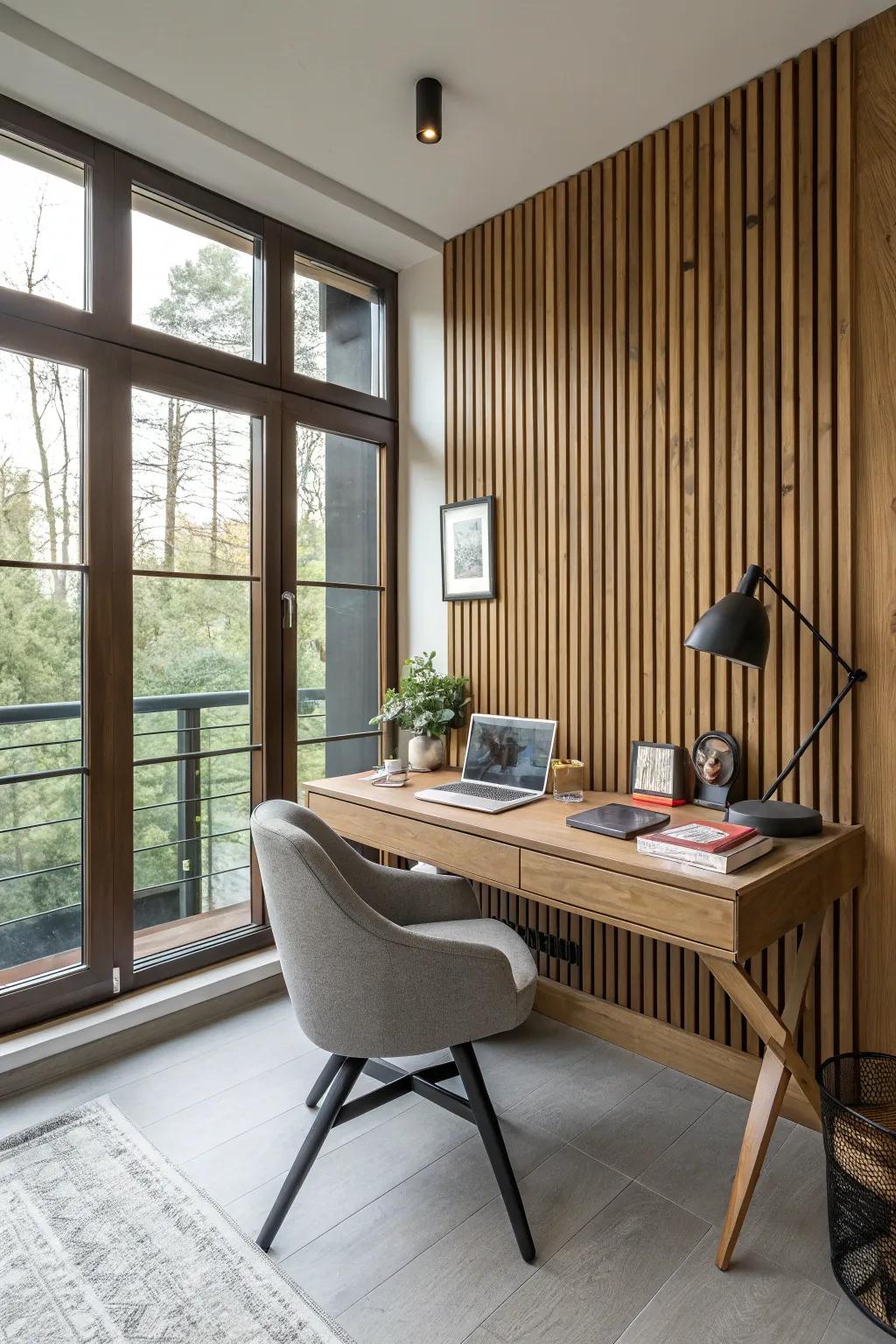 A home office presents a wood plank wall that enhances the workspace.