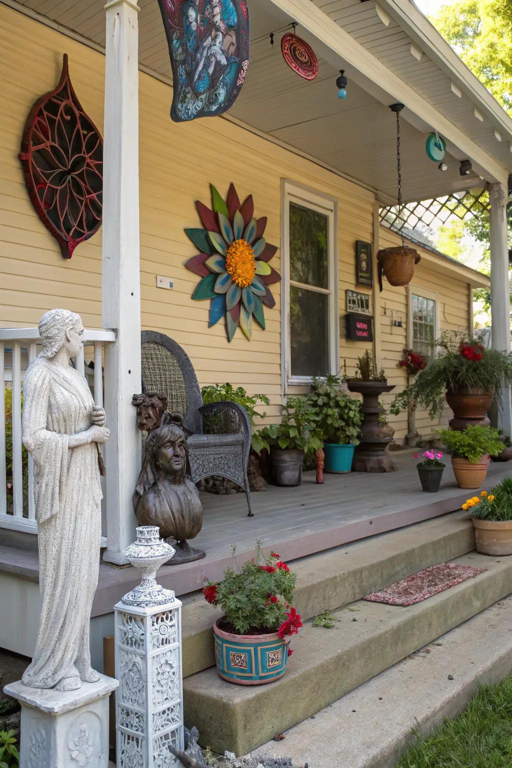 An outdoor art display adds a creative and unique touch to your porch.