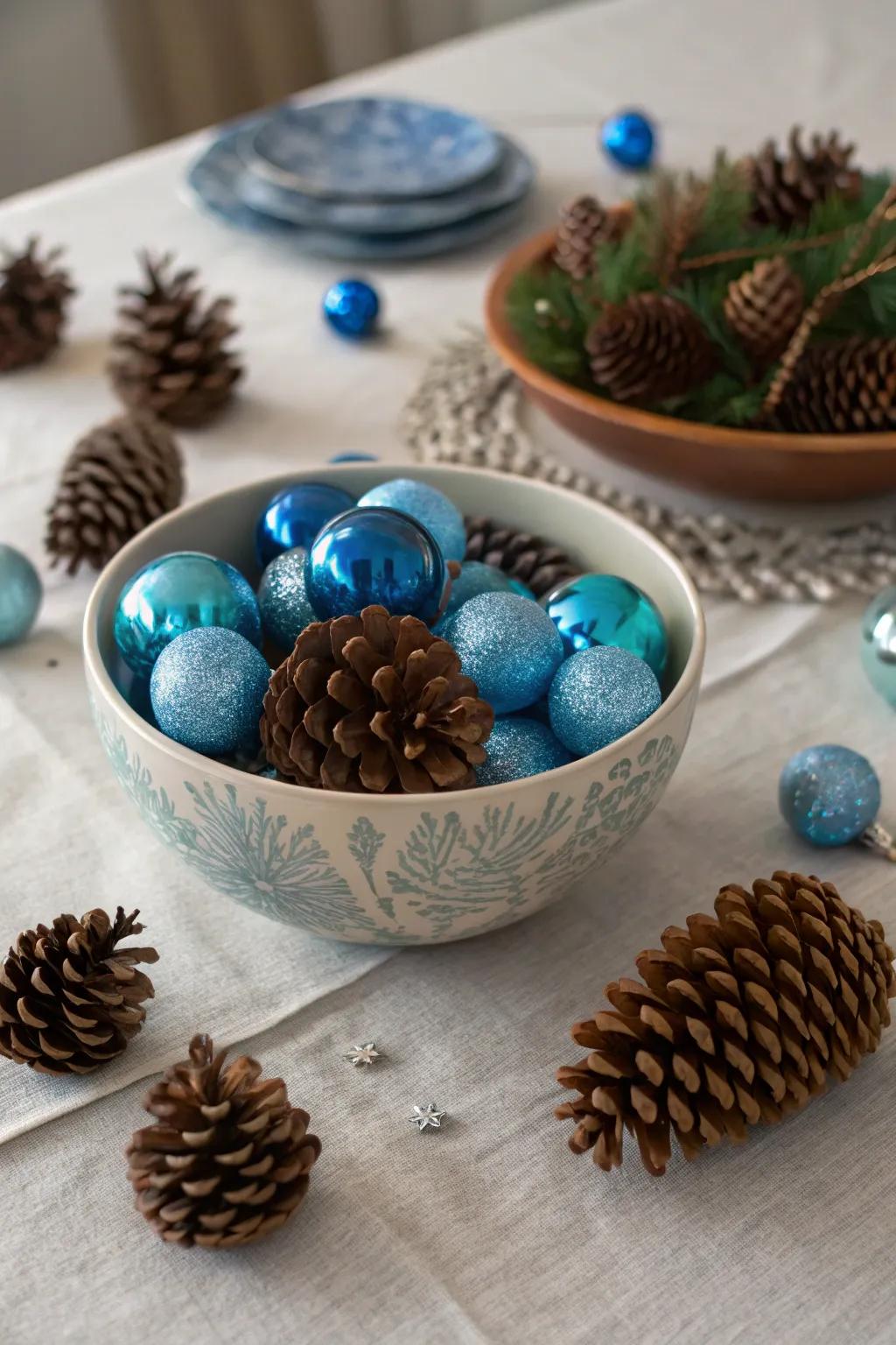 Simple and striking blue baubles and pinecones display