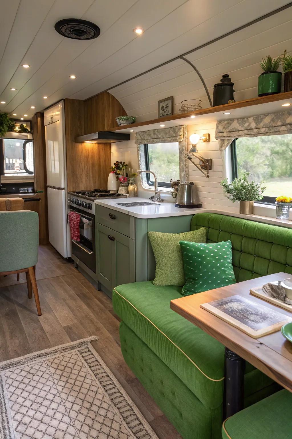 Green upholstery adding a harmonious touch to the kitchen theme.
