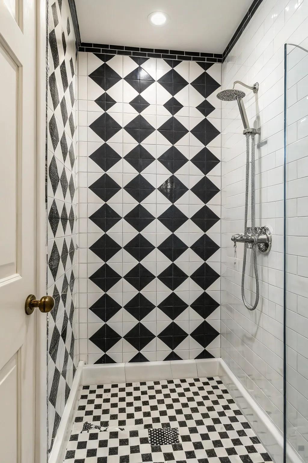 A shower featuring classic chessboard-patterned stones for a playful, vibrant design.