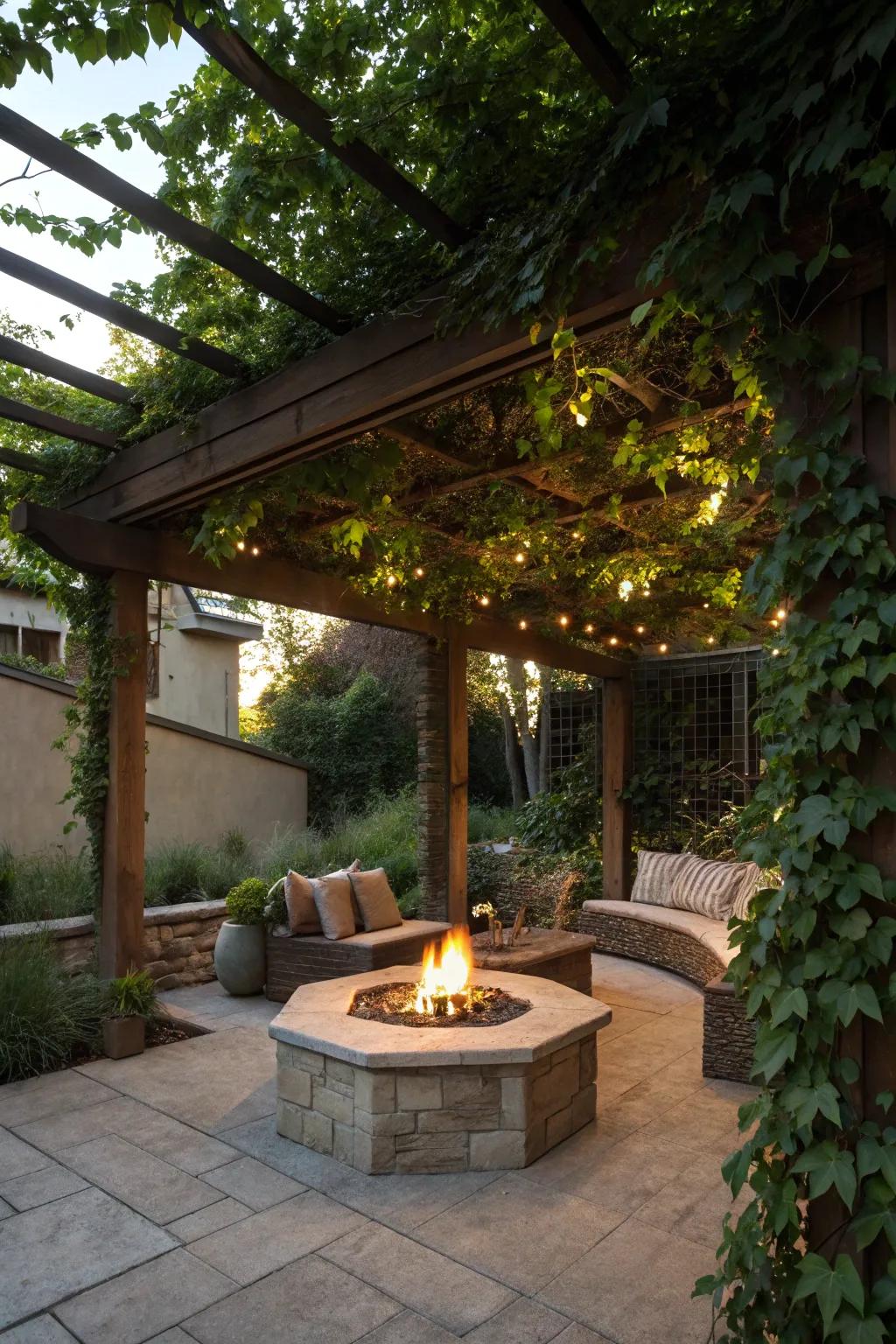A pergola provides shade and structure, enhancing the fire pit area with charm.