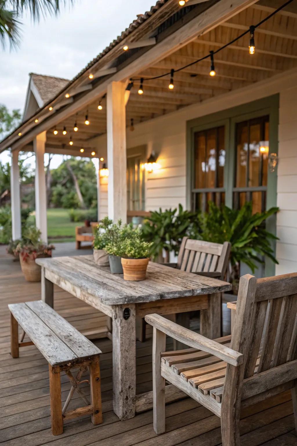 Reclaimed wood furniture adds rustic charm and sustainability to your porch.