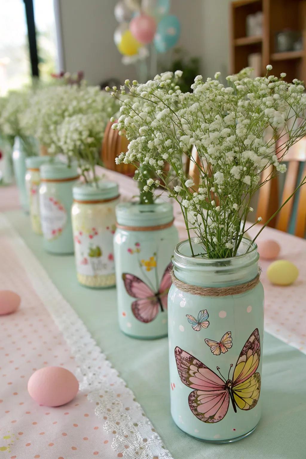 Baby's breath in mason jars creates a delicate and charming centerpiece.