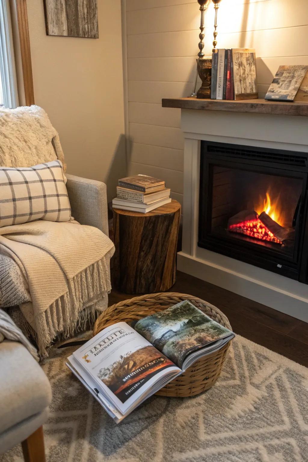 A fireplace area is ideal for reading and relaxing.