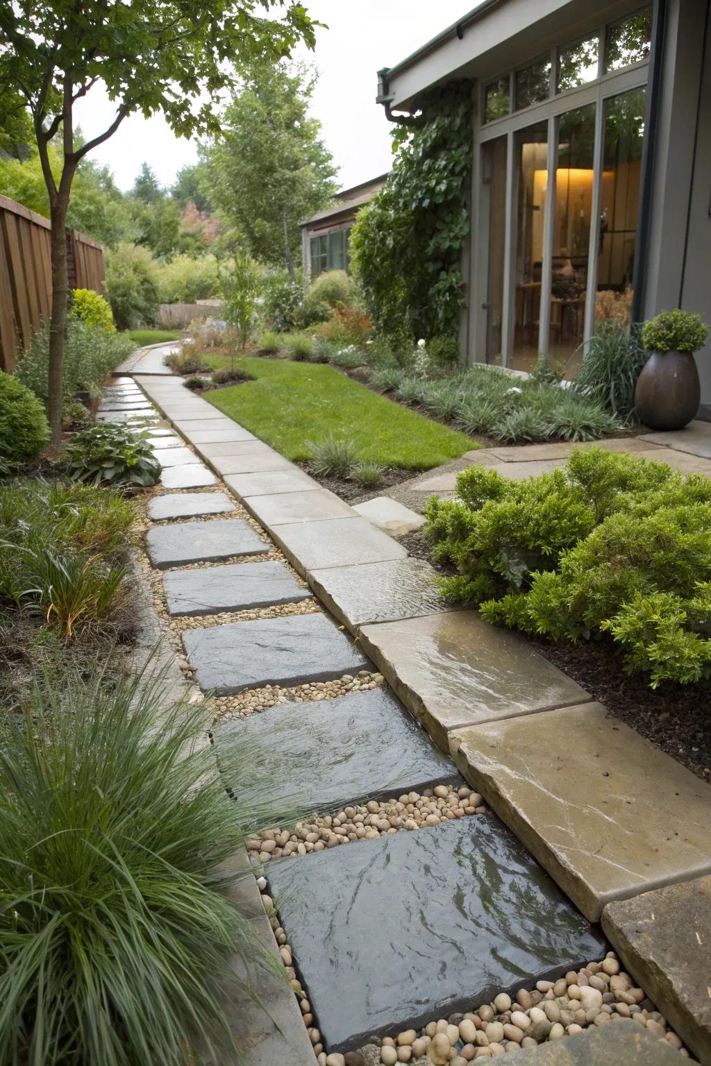A sustainable slate path designed for effective water drainage.
