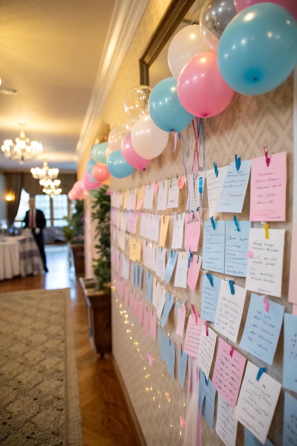 A memory wall brims with guests' wishes and predictions.