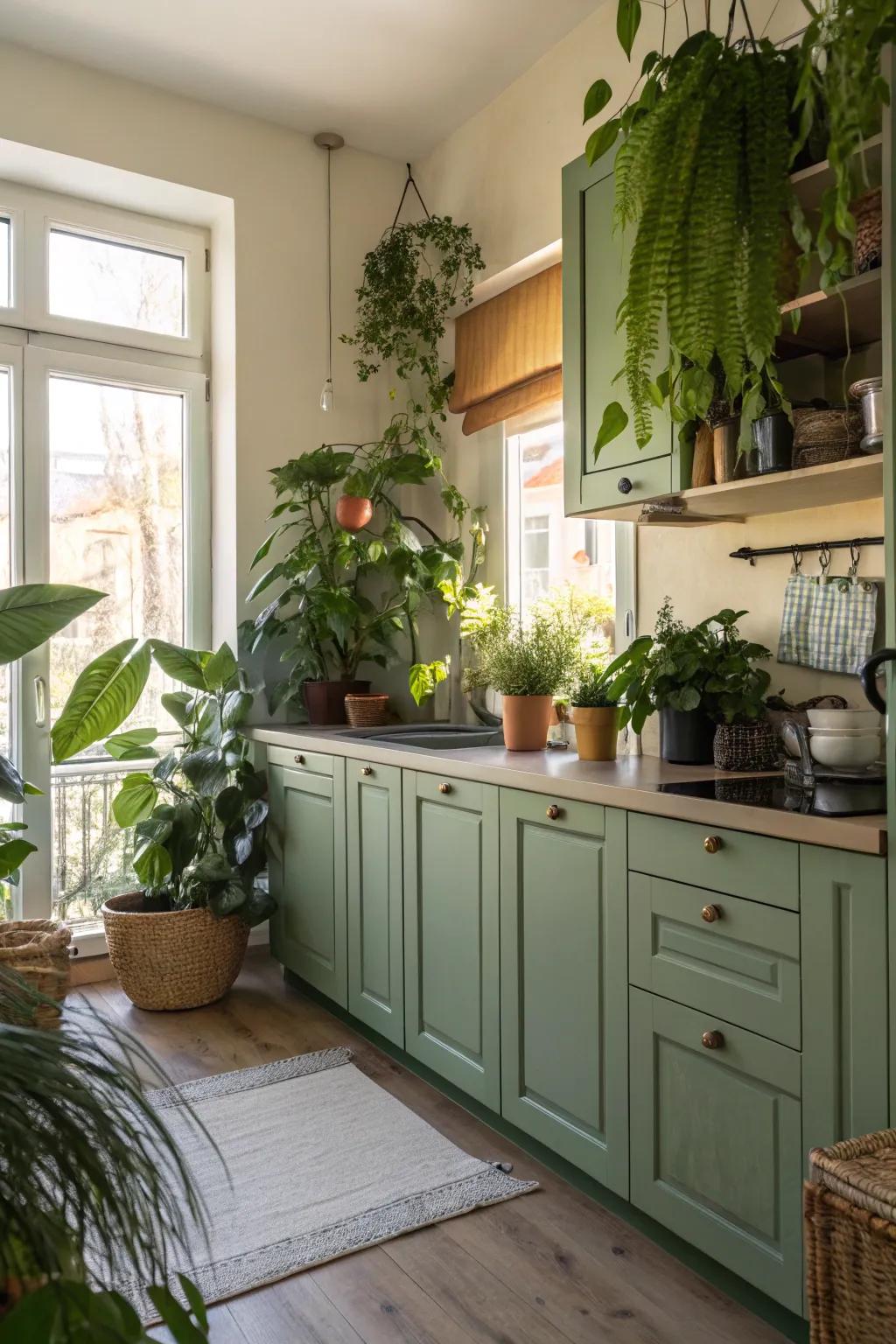 Indoor plants bringing life into a green-themed kitchen setting.