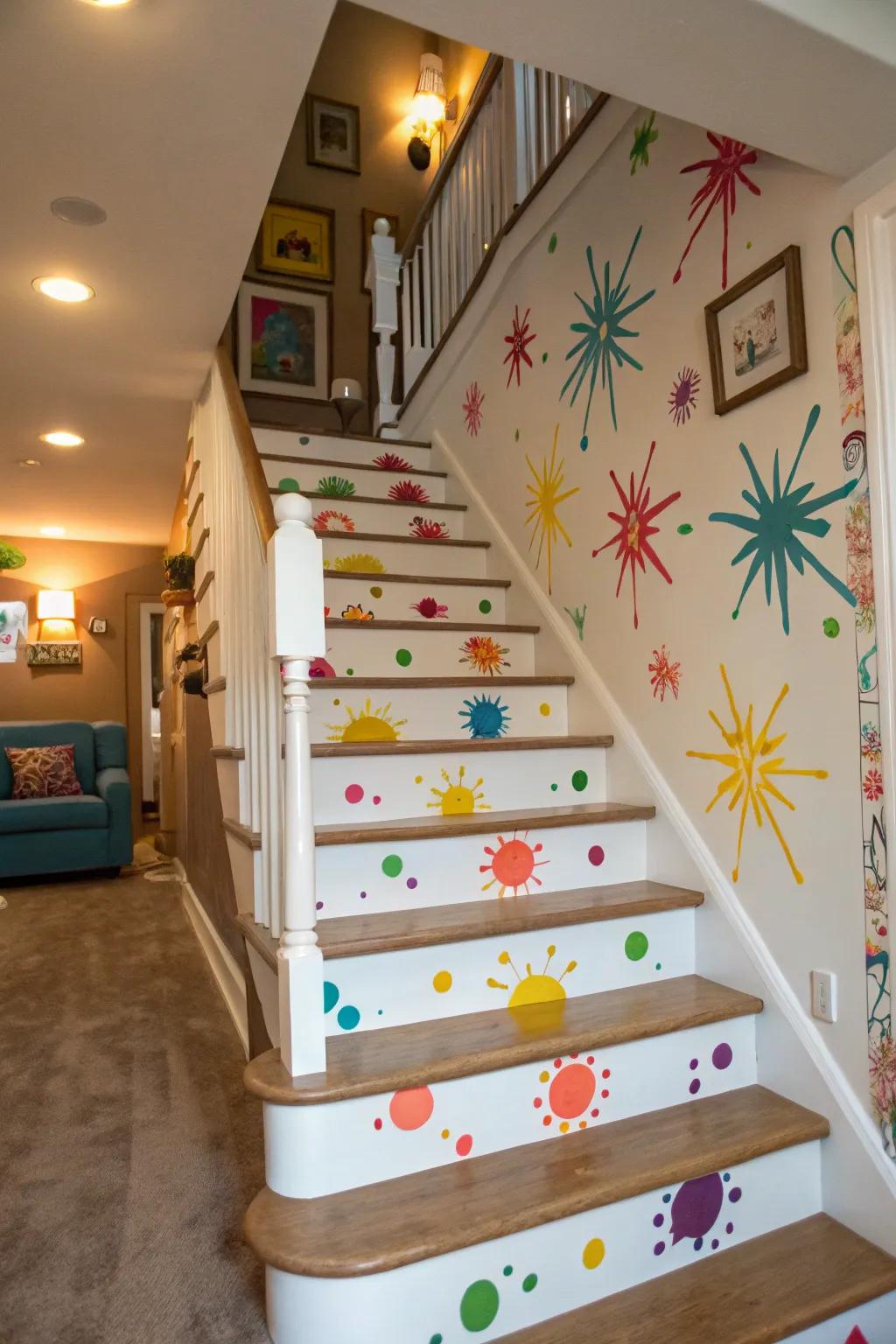 Unexpected color bursts add a playful touch to this whimsical staircase.