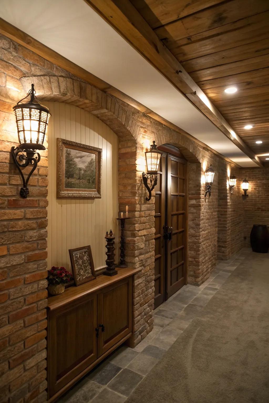 Wall-mounted lights introduce texture and elegance to your basement.