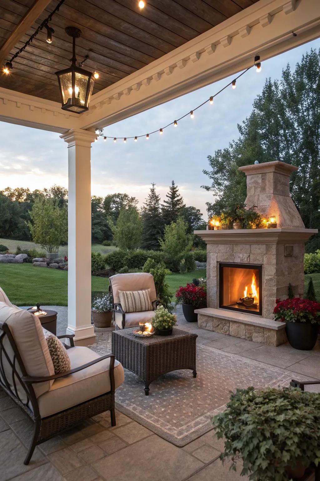 An outdoor space is warmed by an electric fireplace.