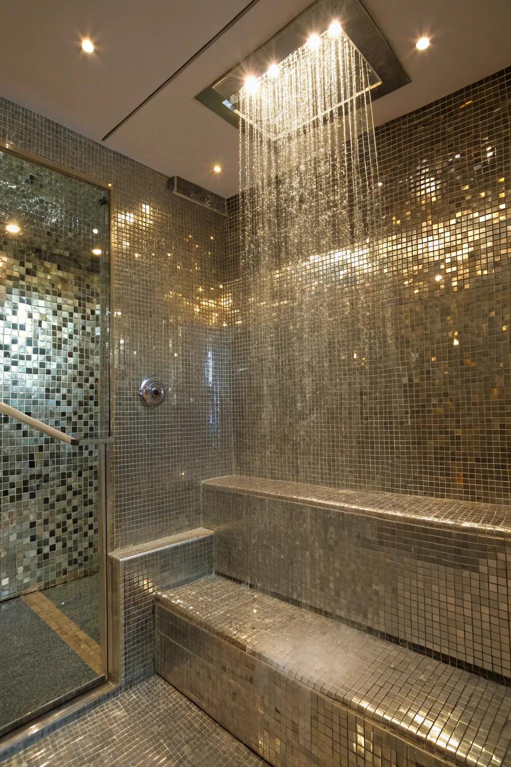 A shower featuring reflective metallic stones for a shimmering, luxurious design.
