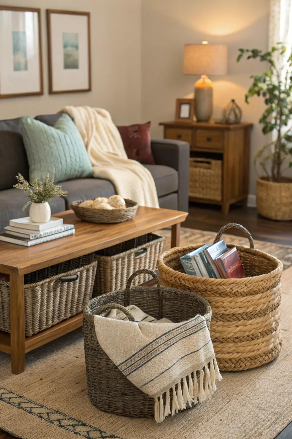 Woven containers offer fashionable storage that enhances spring design.