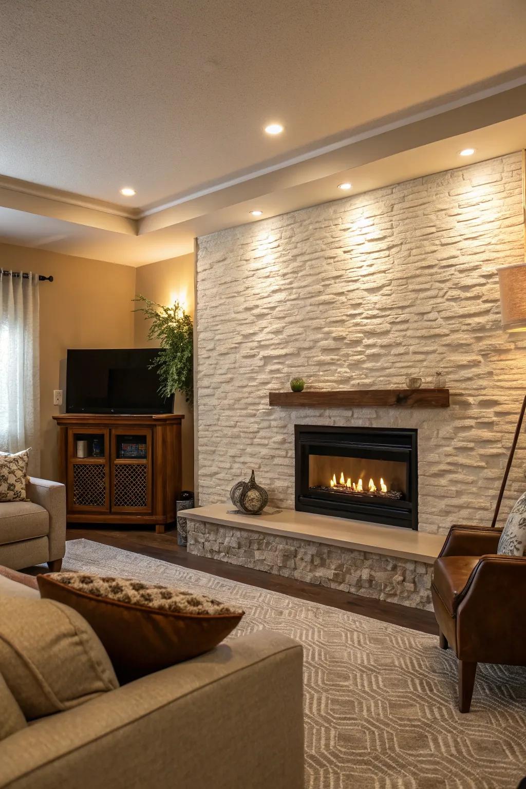 The fireplace is beautifully highlighted by an accent wall.