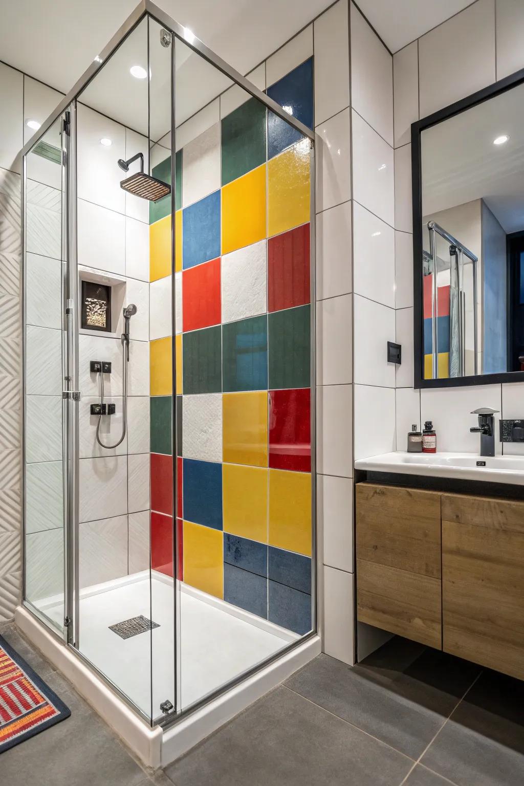 A shower featuring bold color-shaded stones for a dramatic, modern statement.