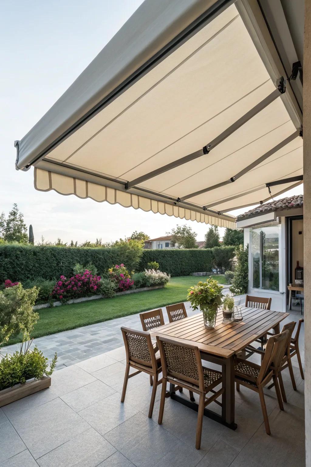 A retractable awning offers versatile shade options.
