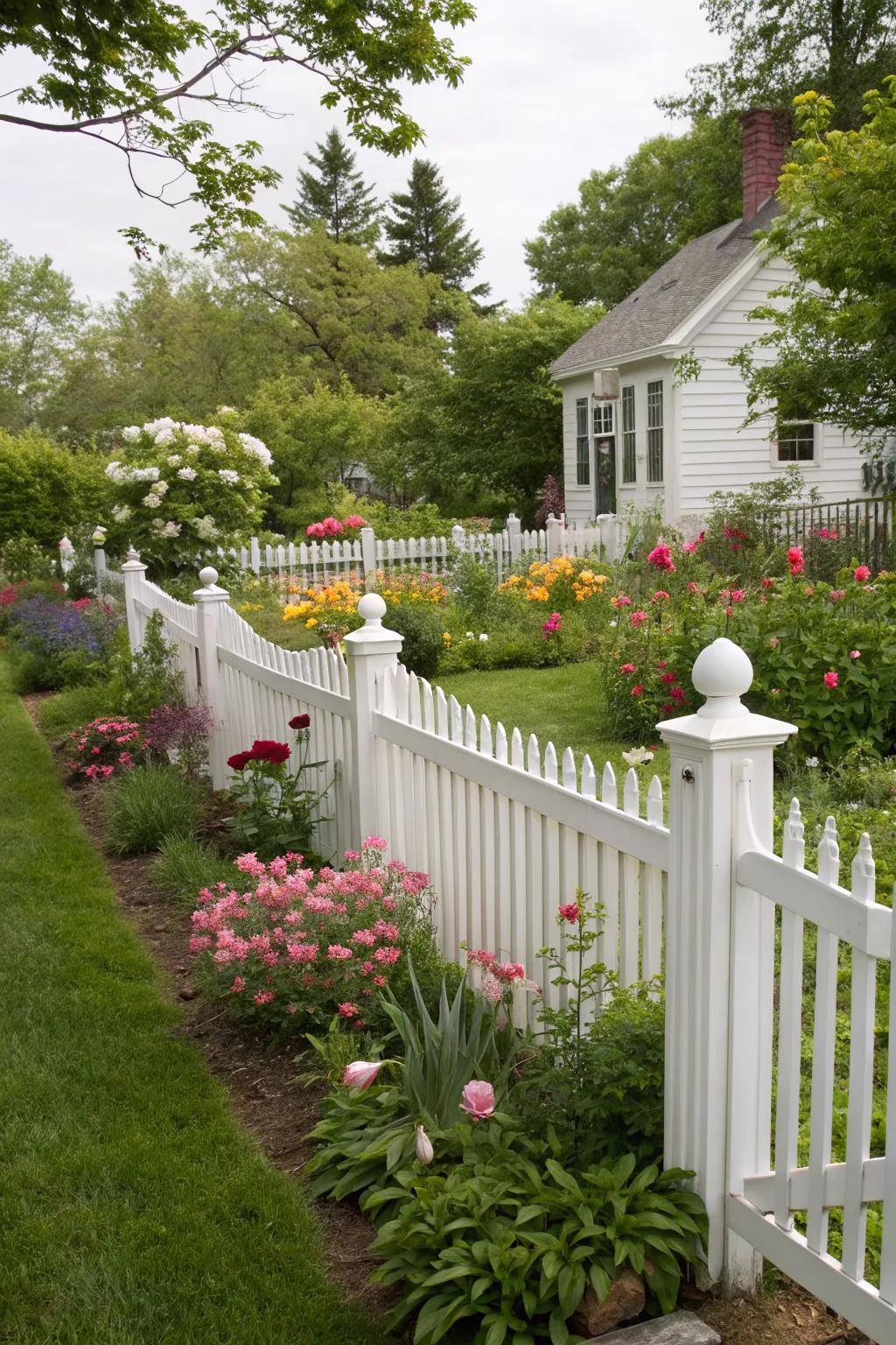 A traditional white picket fence enhances the charm of the backyard.