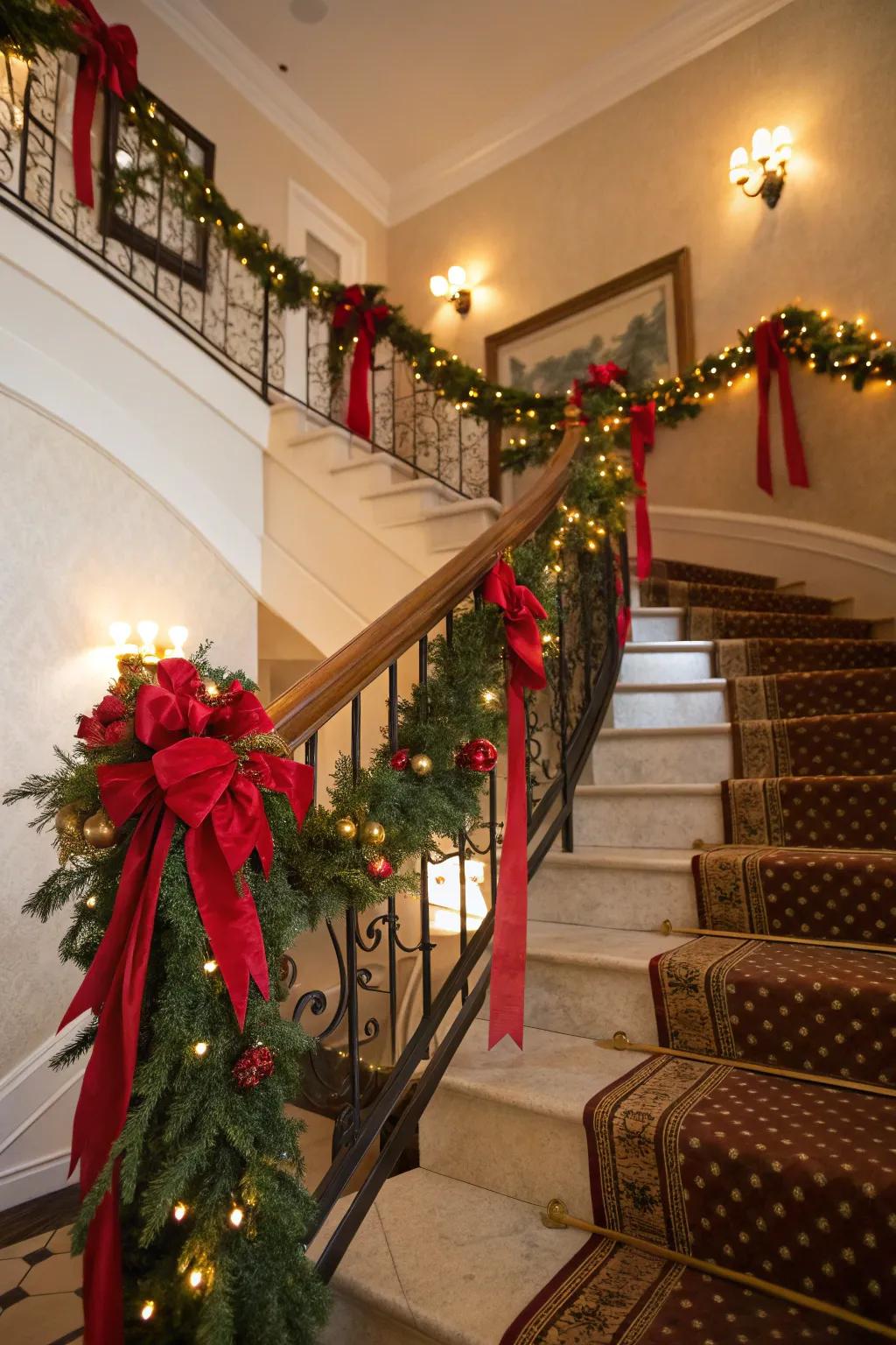 A staircase gracefully adorned with garlands and ribbons.
