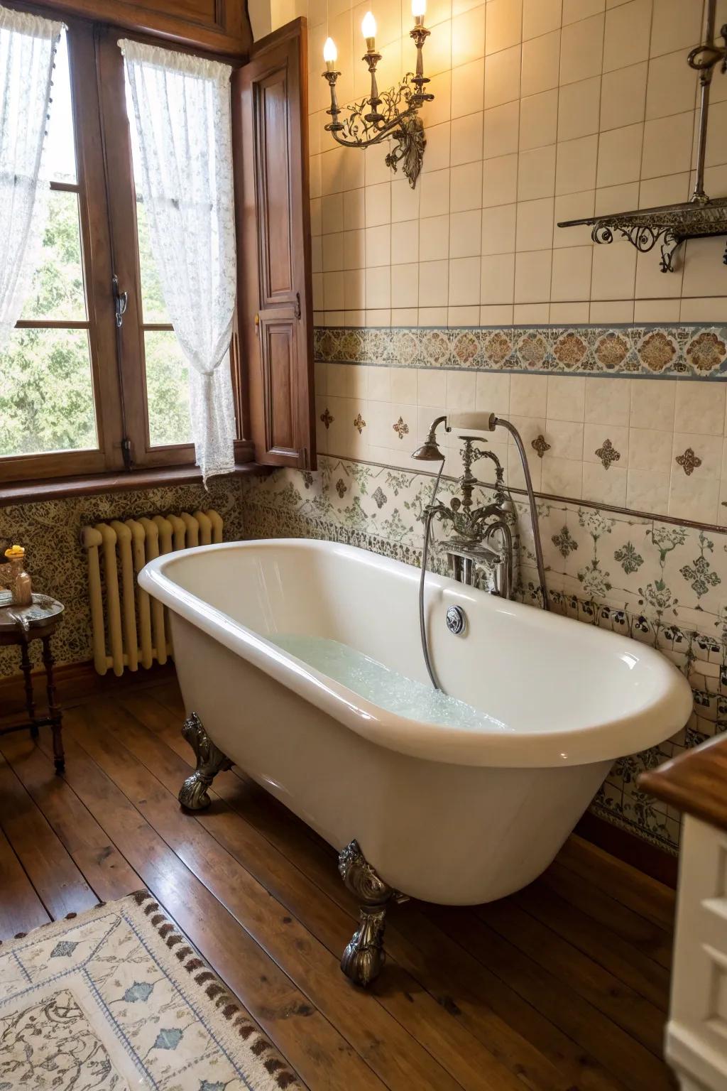 An opulent standalone clawfoot bathtub as the centerpiece.