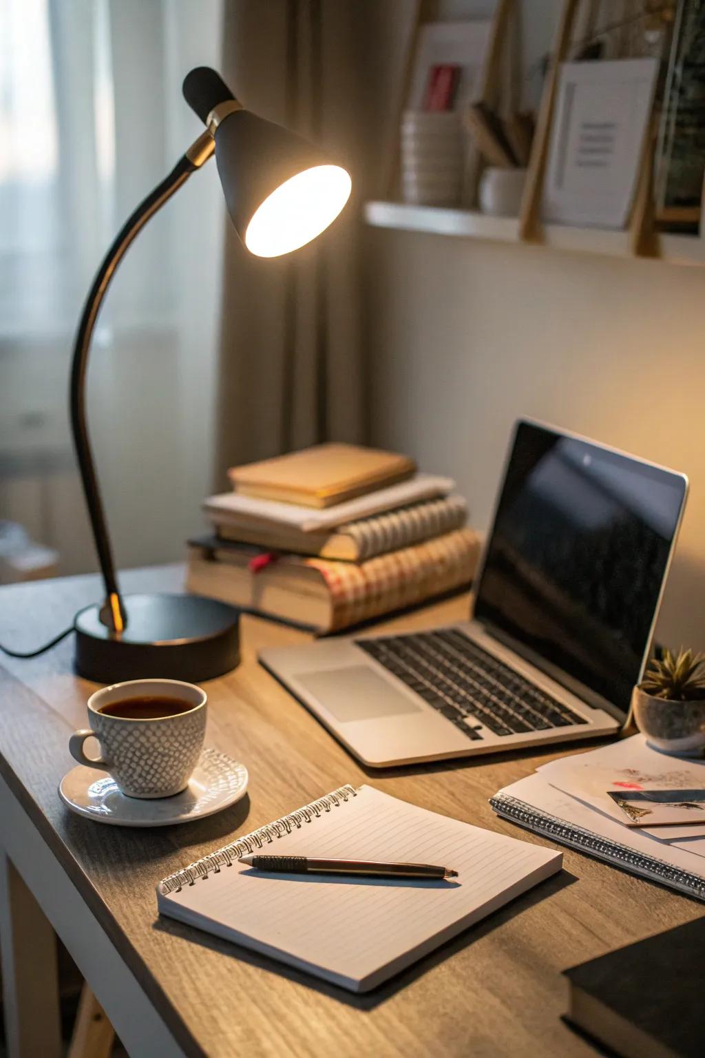A desk lamp adding subtle lighting to create a comforting workspace.