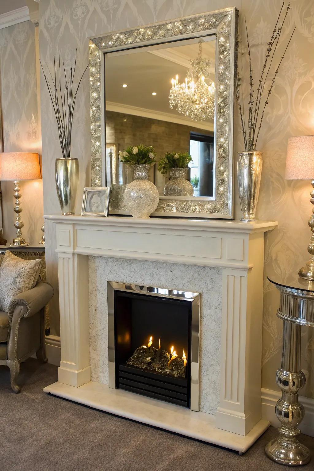 An artificial fireplace showcasing a stylish mirror panel to enhance depth.