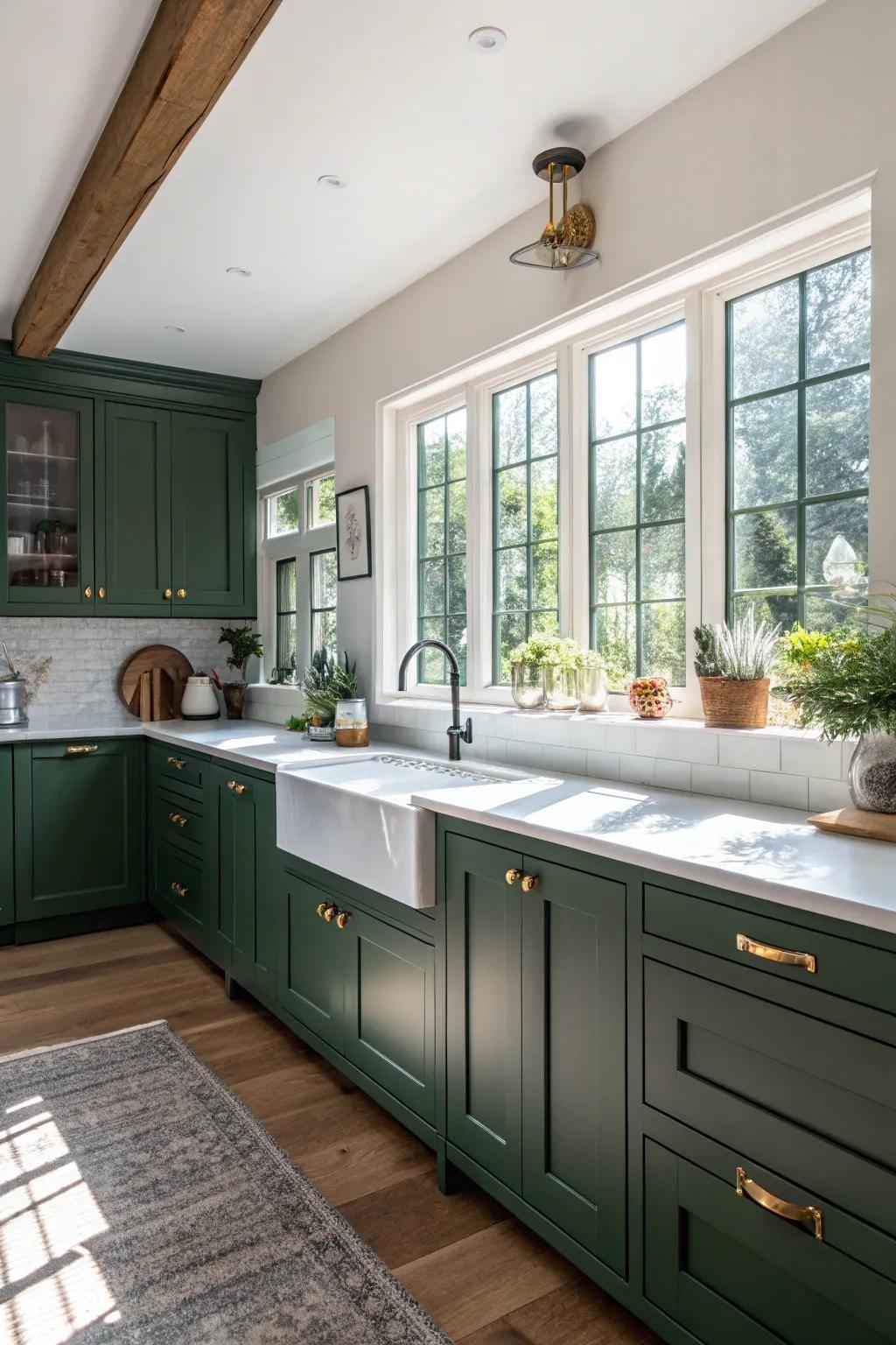 Bold forest green cabinets making a strong statement in a brightly lit kitchen.