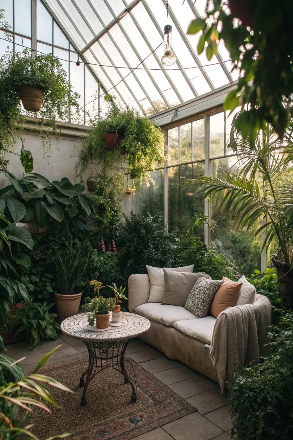 A greenhouse featuring a welcoming seating area, ideal for chilling out.