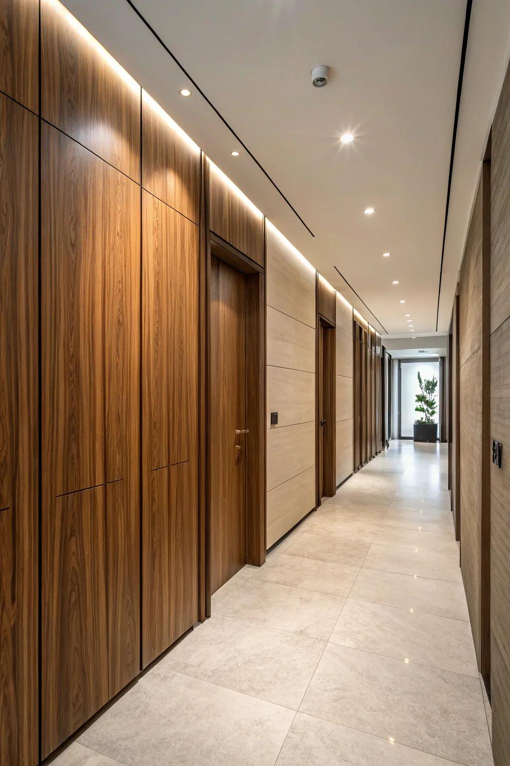 A contemporary corridor featuring a secret door that integrates perfectly with the wood wall panels.