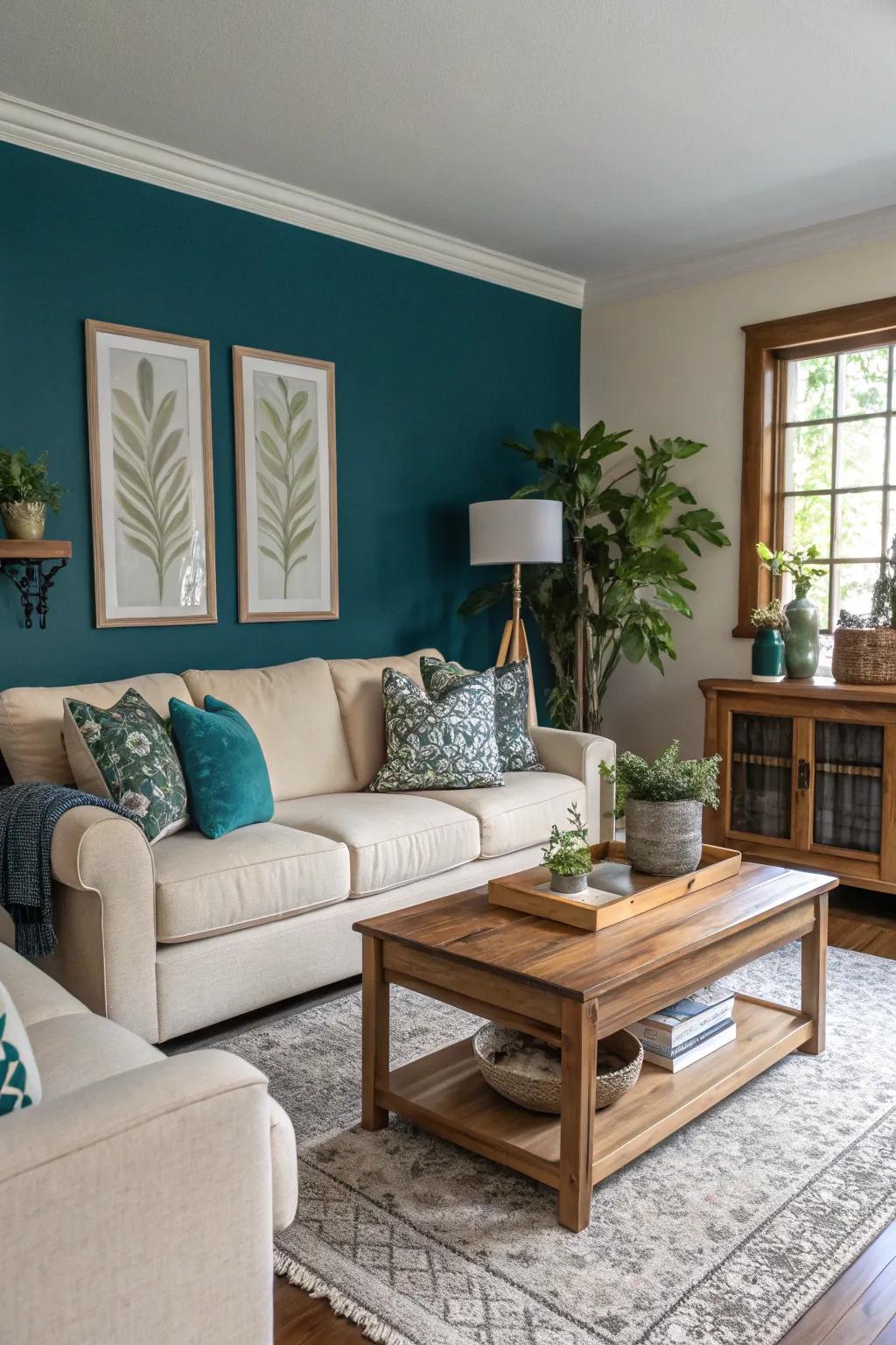 A living area brightened with a striking teal wall.
