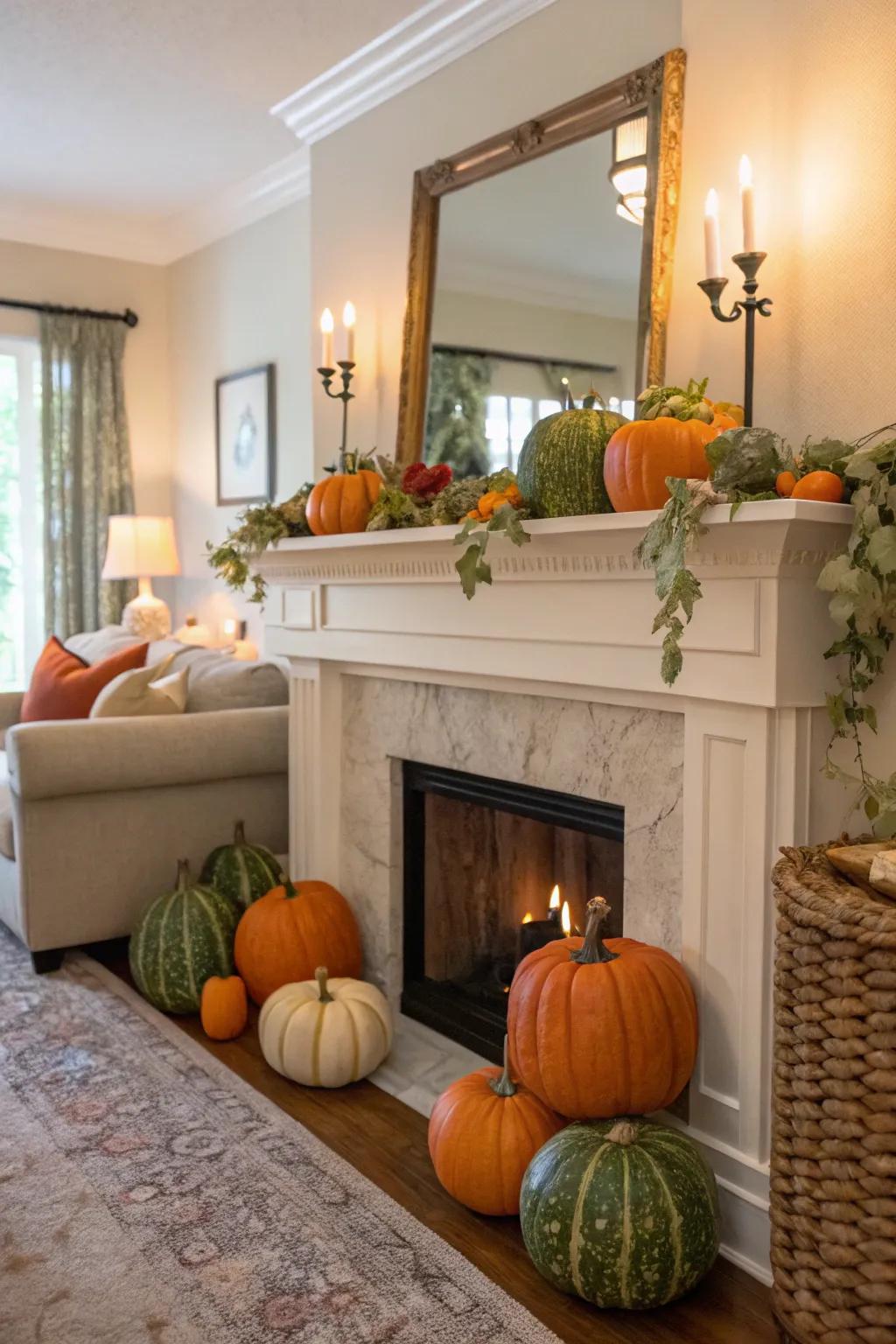 Squashes and gourds contribute a whimsical autumn feel to this living area mantel.