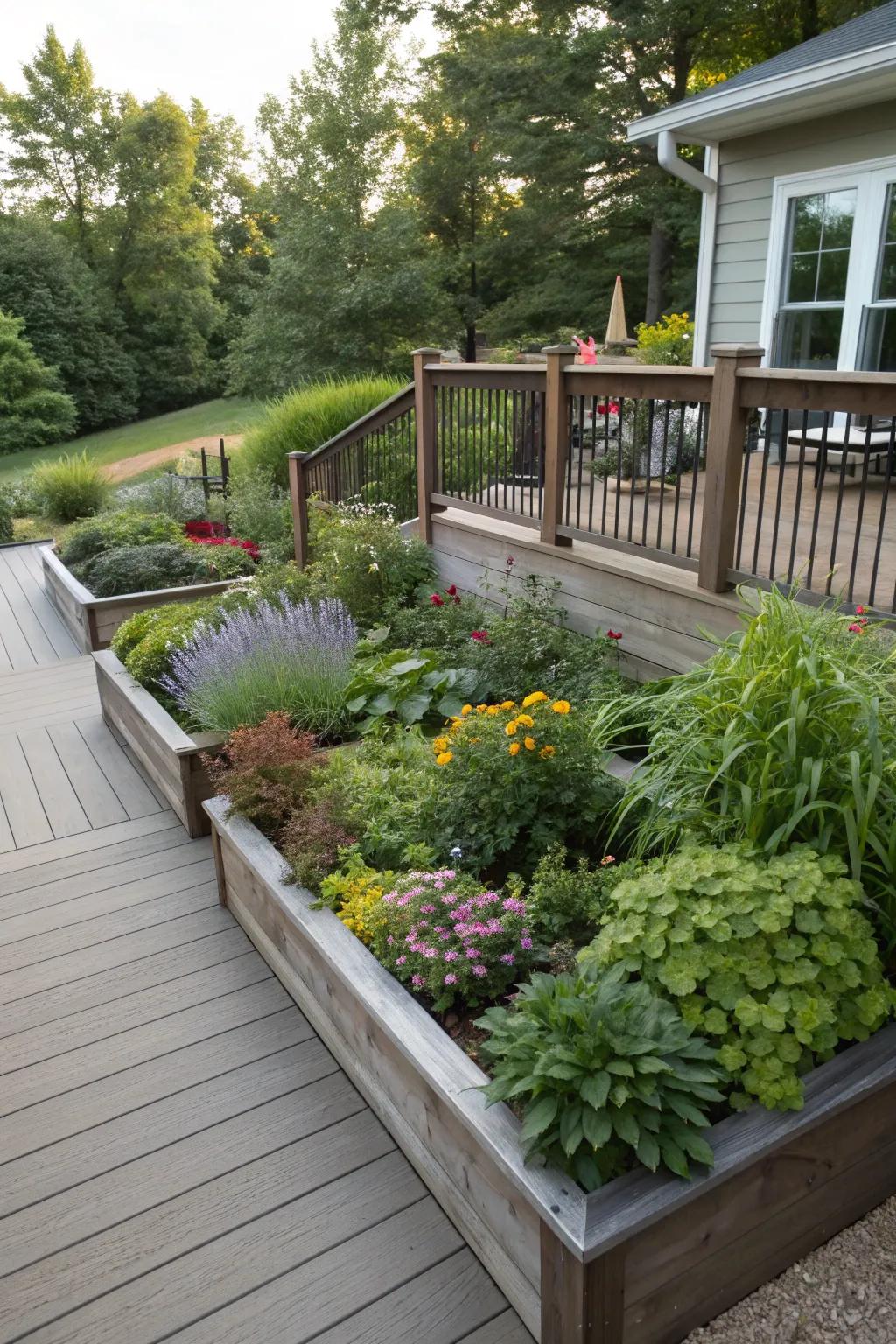 Simple planting beds showcasing perennials and shrubs around an elevated deck.