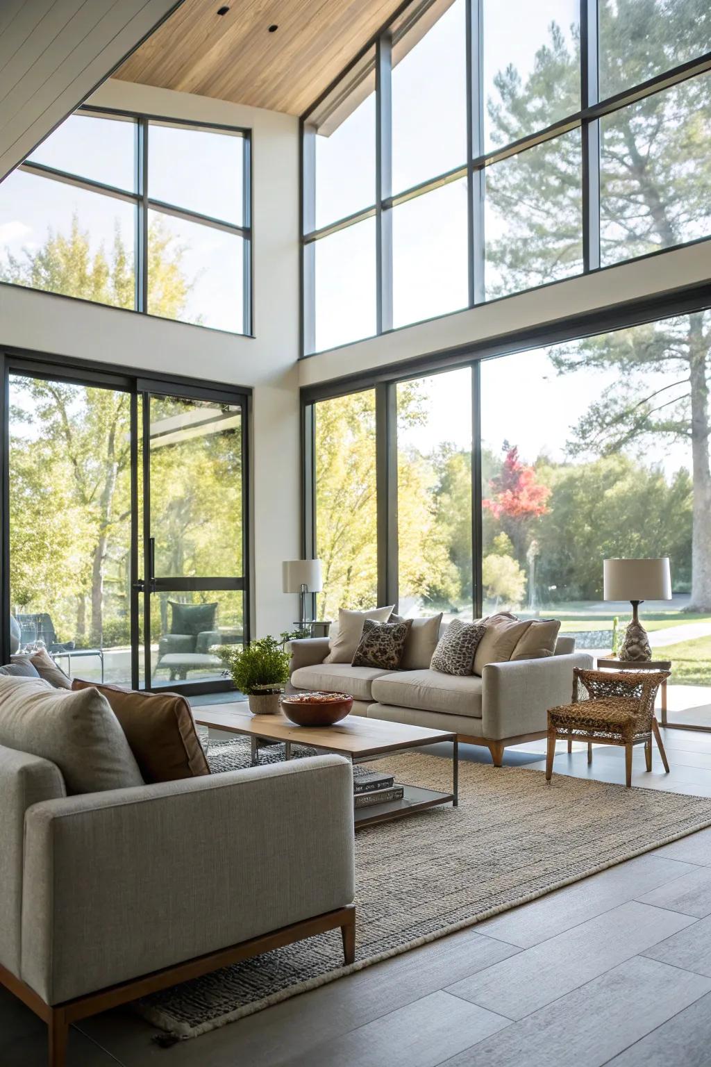 Expansive modern windows in a living room, allowing natural light to enter.