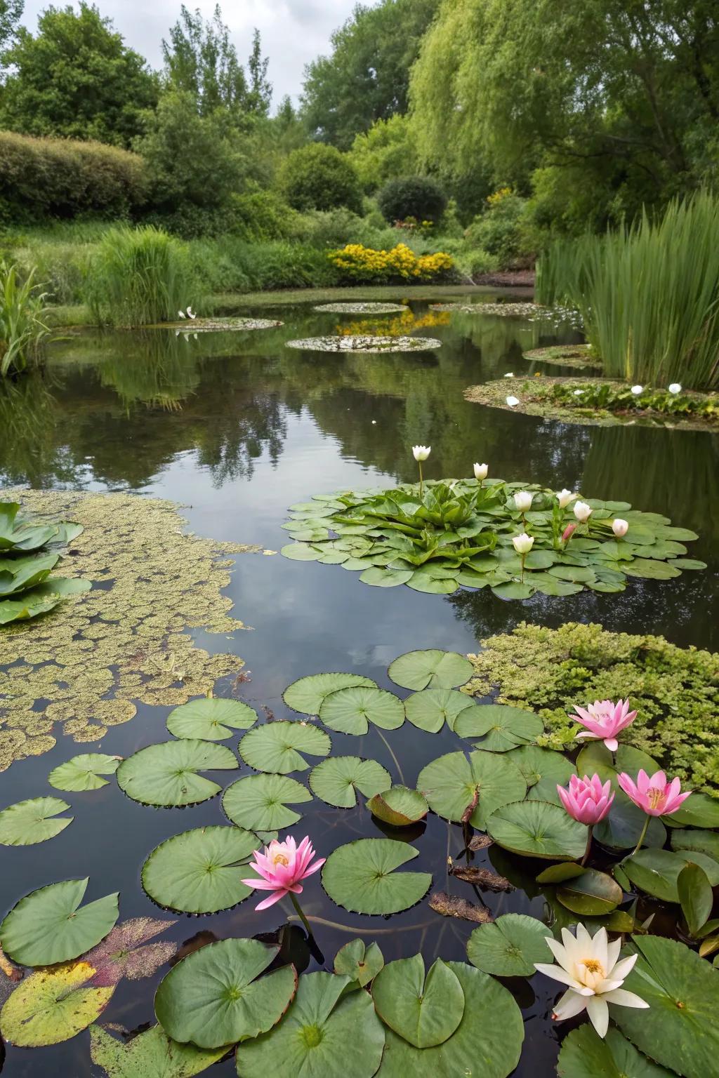 A dynamic pond overflowing with diverse aquatic vegetation.