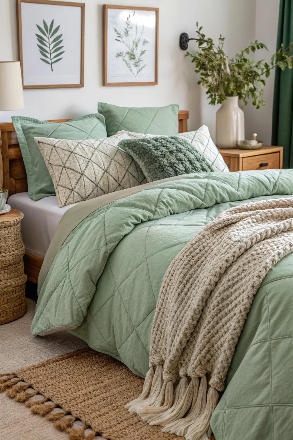 A restful bed adorned with various layers of sage green bedding.