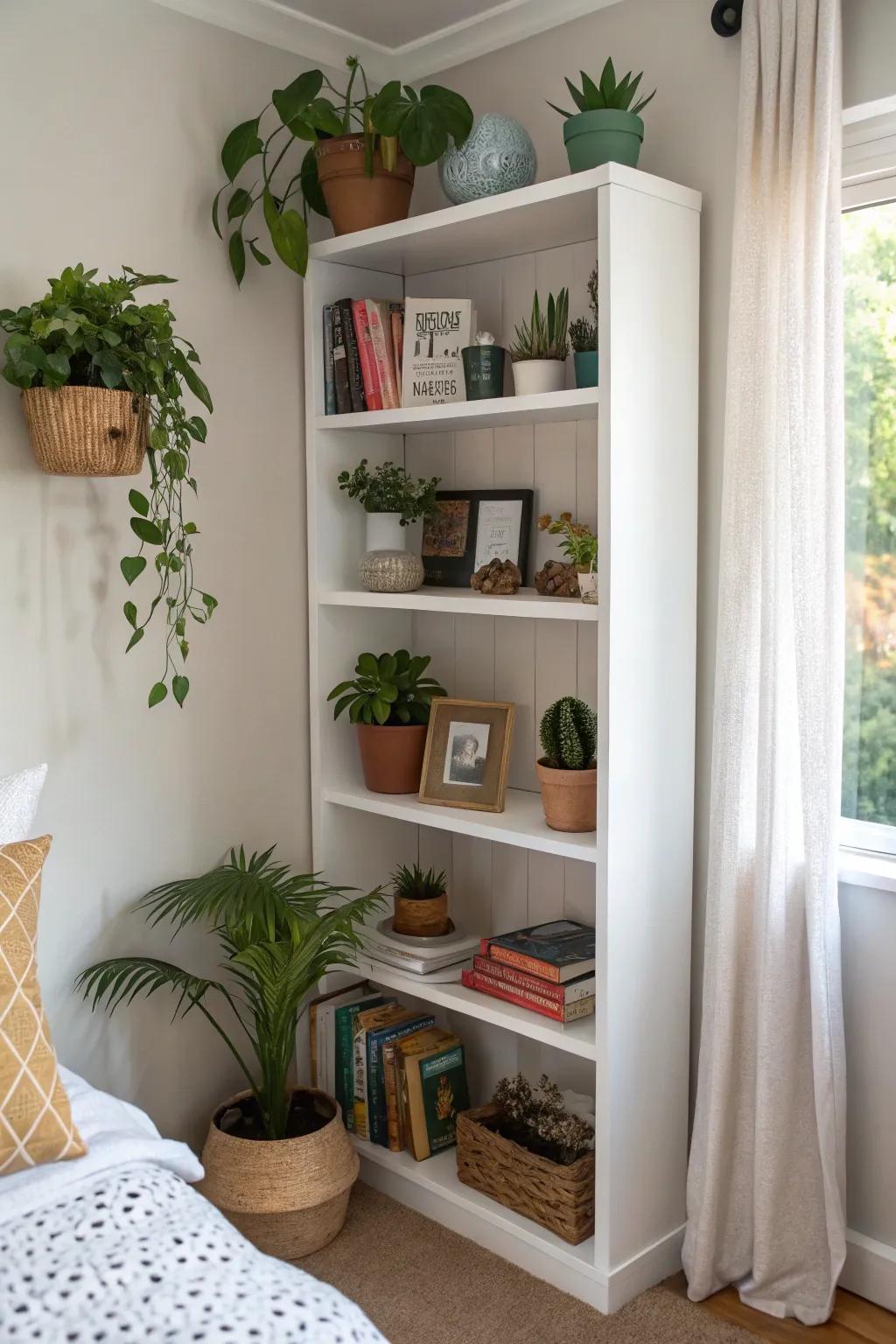 Angled shelves utilize otherwise wasted space.