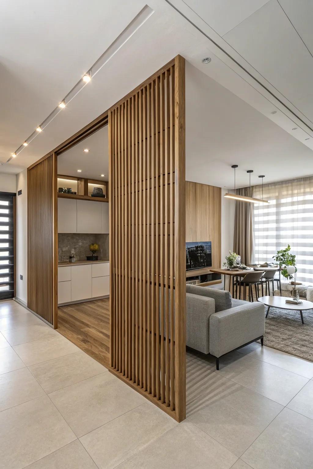 An open-concept space utilizes a plank wall as a chic and functional divider.