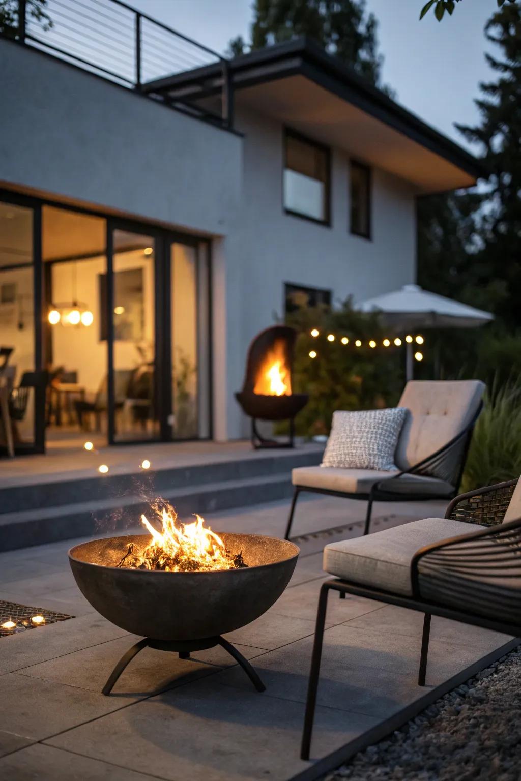 A polished metallic fire bowl introduces contemporary sophistication to a small patio layout.