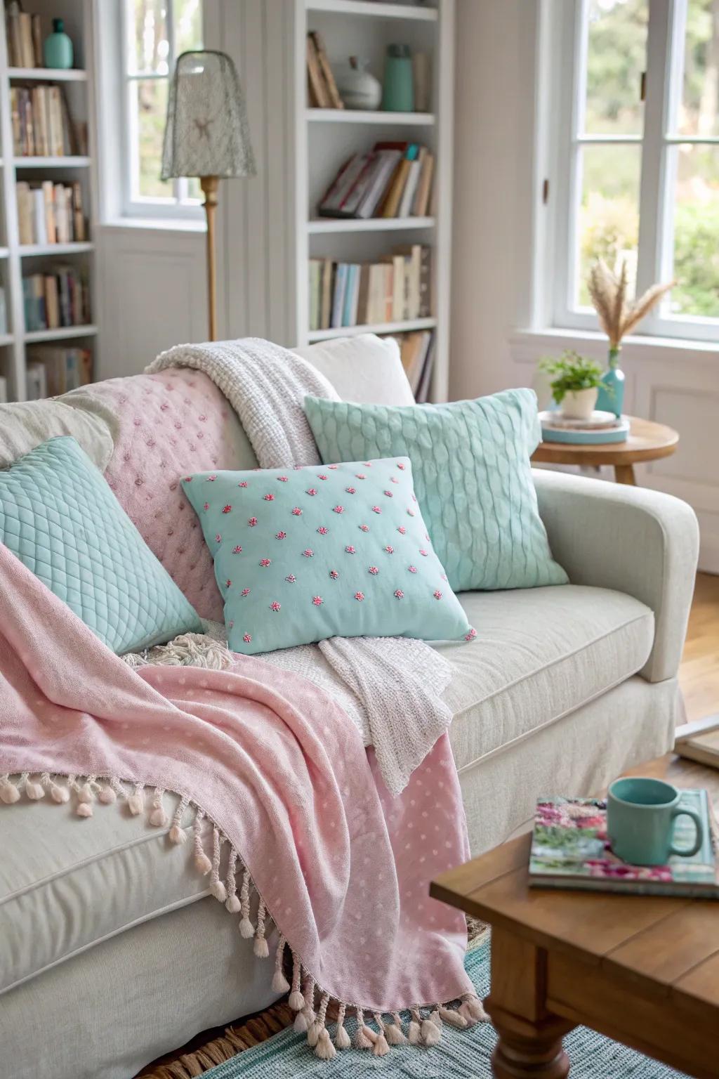 Soft accents add a subtle element of spring to the living space.