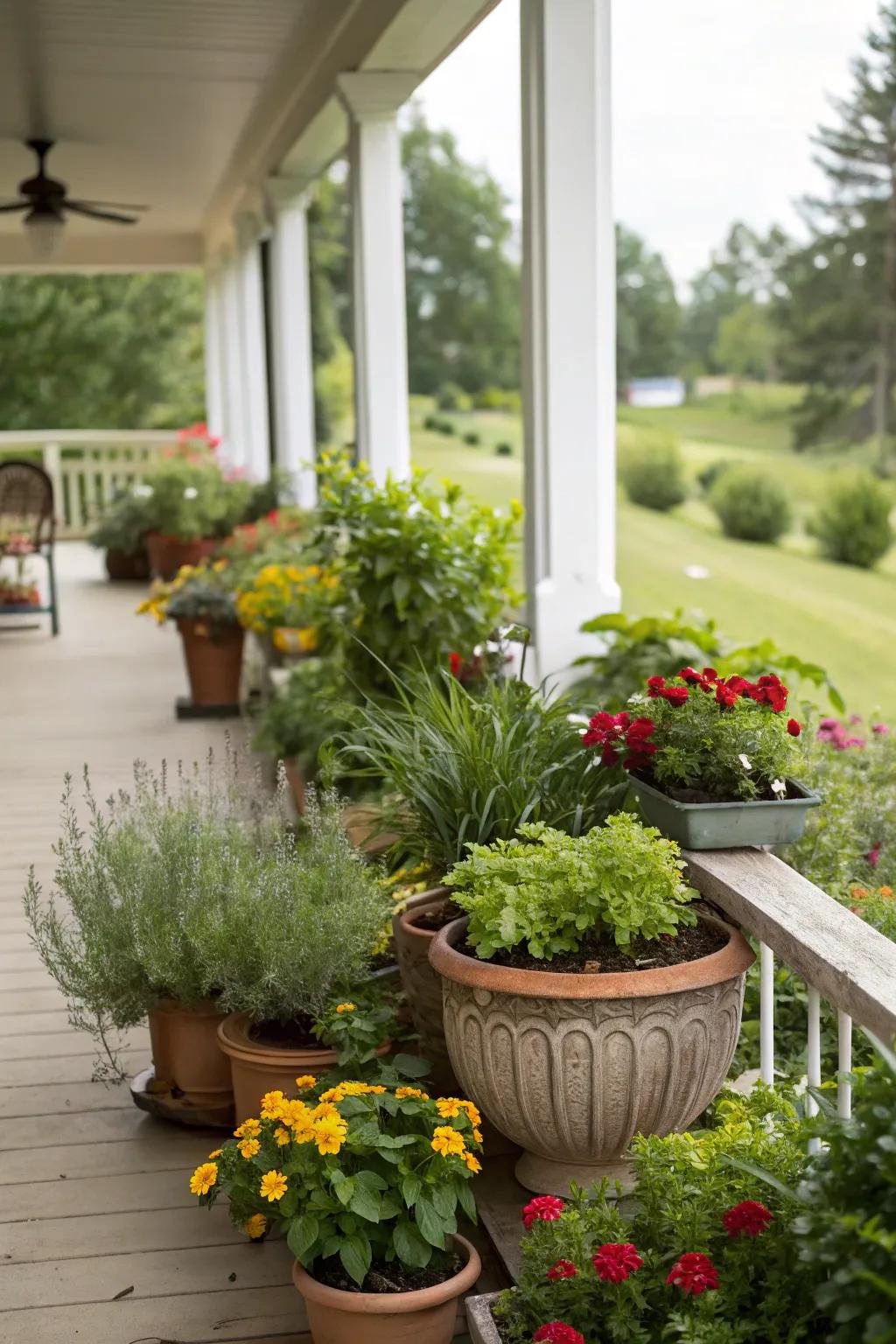 A charming collection of potted plants adds life and color to any spring porch.