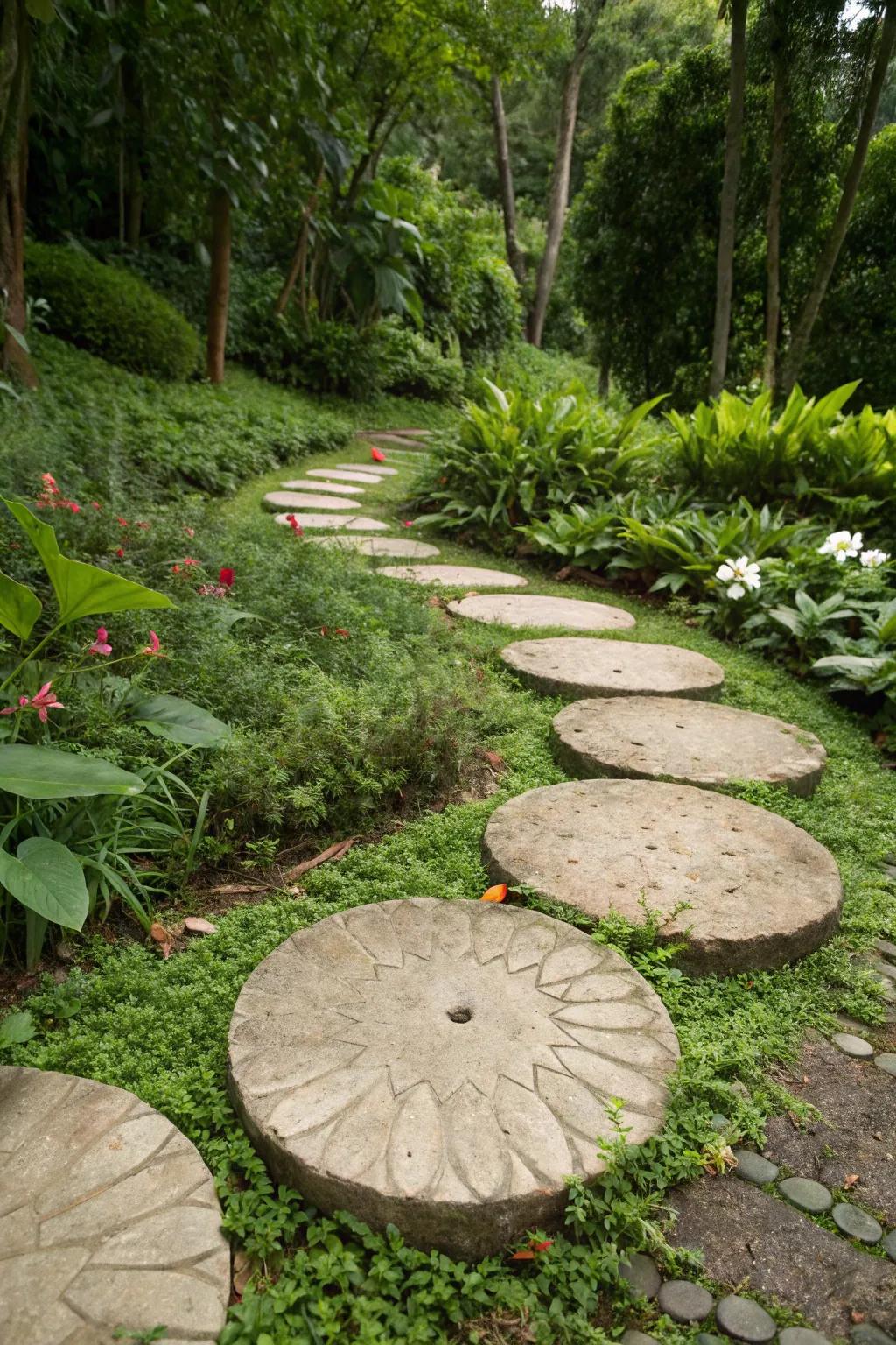 Round stepping pads establish a whimsical pattern within your garden.