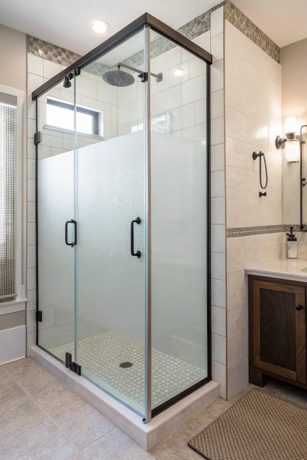 Elegant glass enclosures offer a modern look while ensuring privacy.