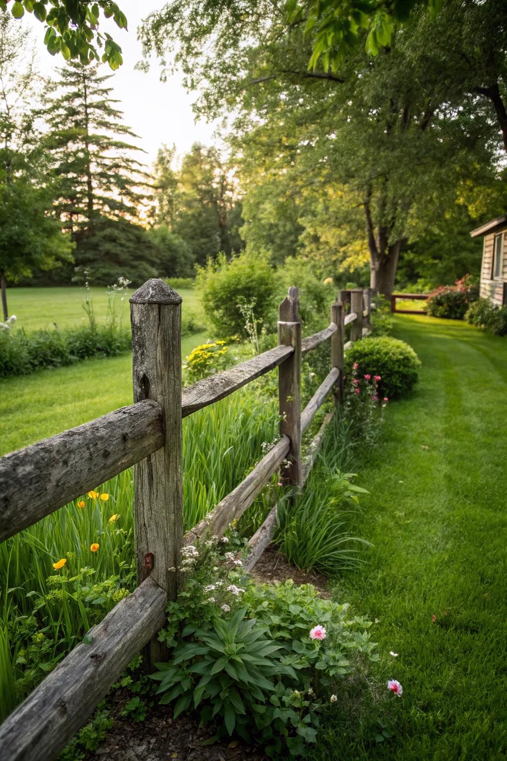 A rustic wooden post and rail fence brings countryside charm.