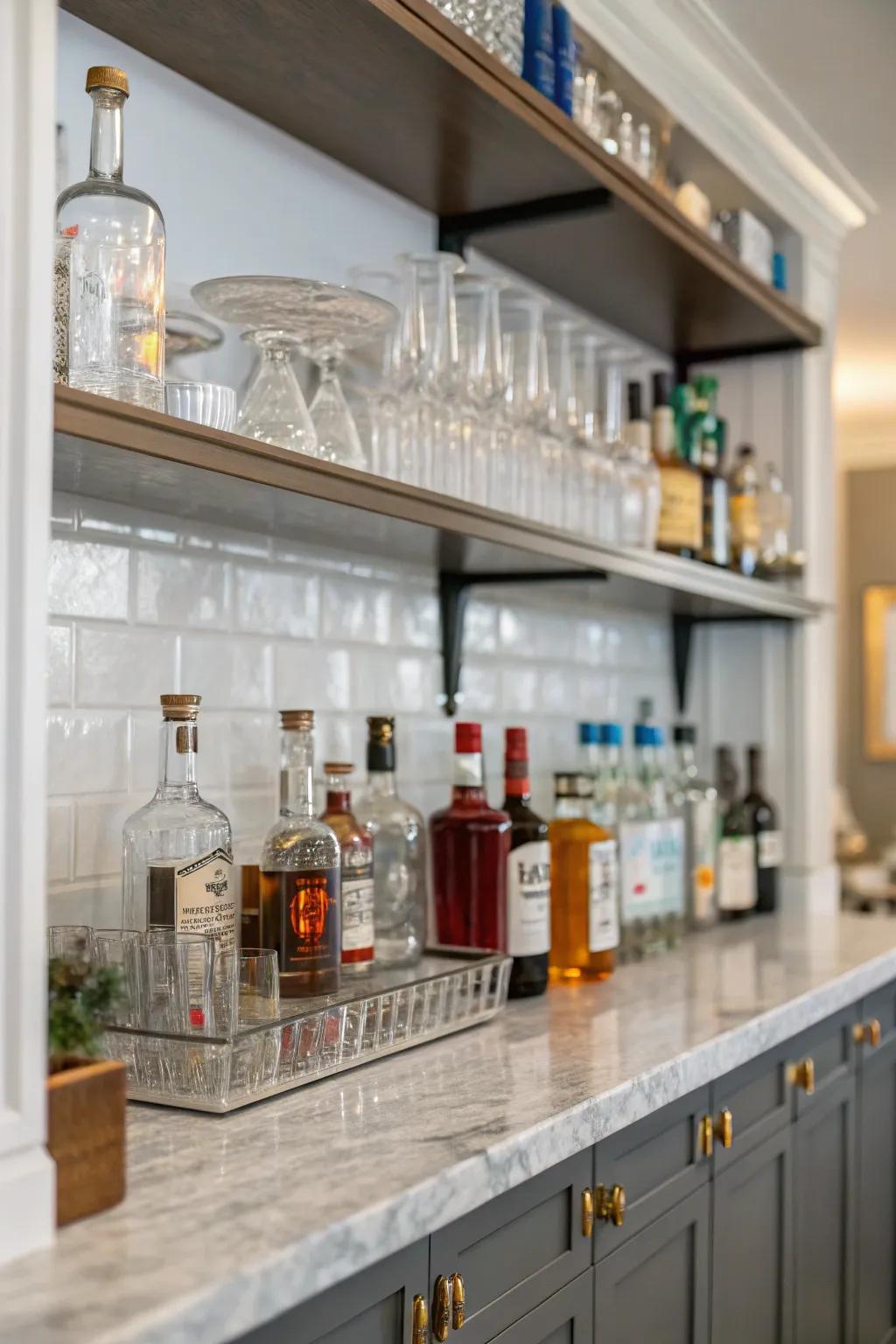 Open-style shelving beautifully displays your glasses and bottles.
