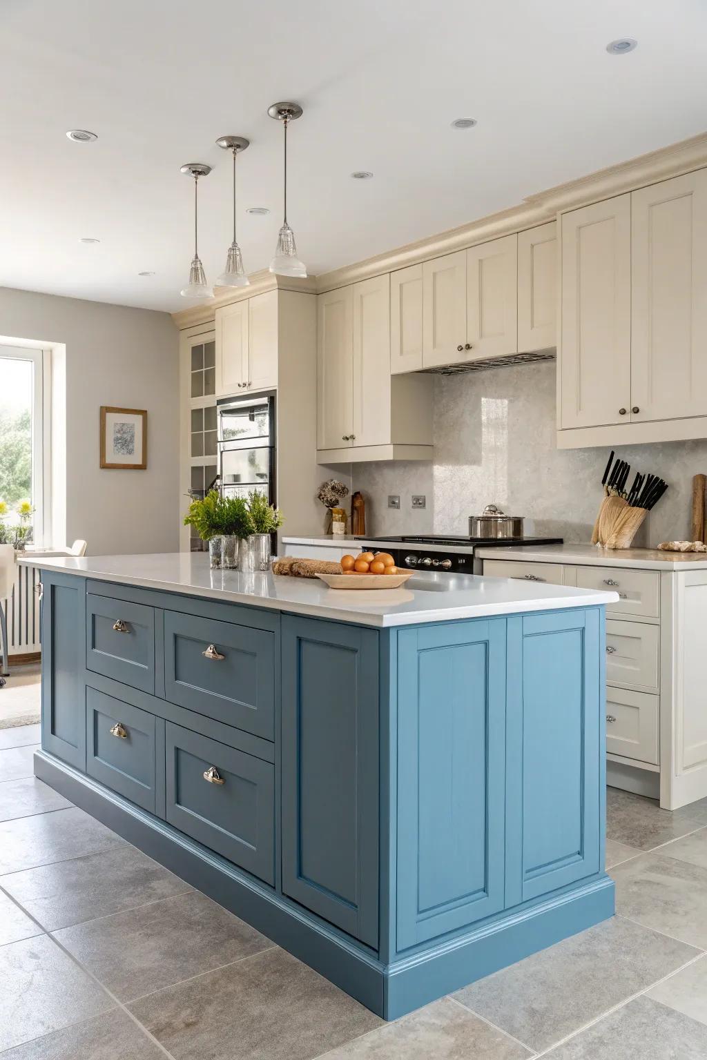 A striking blue island commands attention in this kitchen setting.