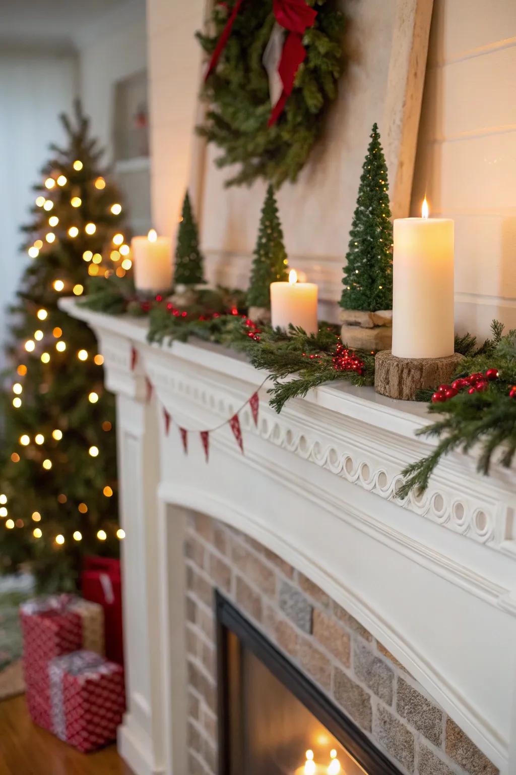 A mantle transformed into a winter wonderland with lighting and mini trees.